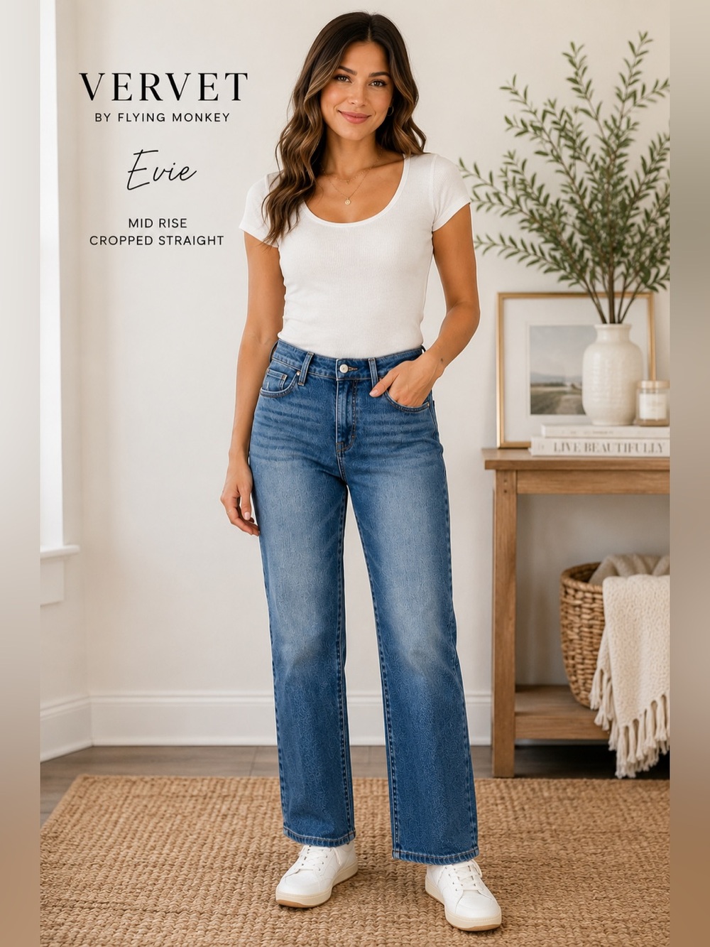 VERVET by Flying Monkey Evie Mid Rise Cropped Straight Distressed Jeans 30”